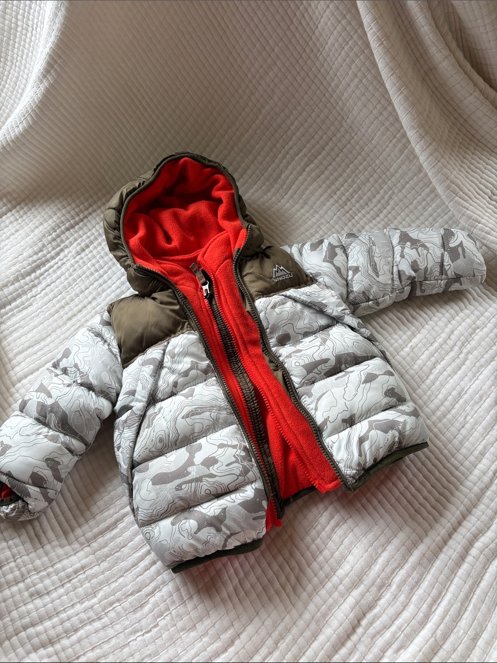 Snozu Kids Quilted Puffer Jacket with Red Lining and Olive Accents